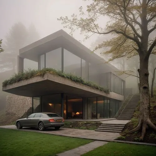 forest house,modern house,modern architecture,dunes house,house in the forest,beautiful home,house in the mountains,foggy day,landscaped,cubic house,morning fog,morning mist,house in mountains,dreamho