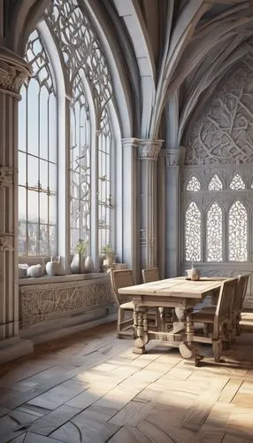 wooden windows,refectory,dining room,scriptorium,breakfast room,dining table,3d rendering,cryengine,ornate room,sacristy,medieval,inglenook,cloisters,dining room table,hammerbeam,render,sanctuary,cloistered,vestry,theed,Illustration,Realistic Fantasy,Realistic Fantasy 42