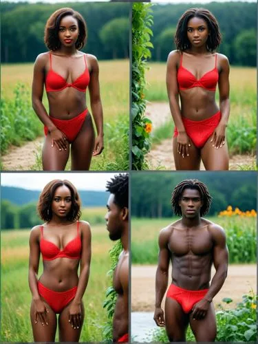 In a comic sequence of four pictures: Dark-skinned girl and dark-skinned boy turn towards each other and approach each other until they kiss.,a woman in a bikini posing for the camera,sharmell,iyanya,