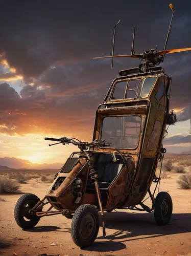 gyrocopter, post-apocalyptic, survival, rusted metal texture, exposed wires, makeshift, propeller, single-seat, rugged terrain, desert landscape, abandoned buildings, sparse vegetation, dusty environm