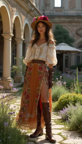 fashion country italian model modeling for a moda fashion show. wears a long-sleeved leather gloves and thigh-high cuffed brown leather high boots. She wears colorful embroidered skirts and bodices ov