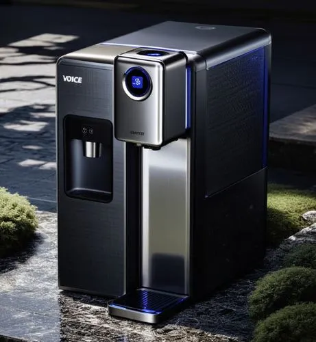 一款饮水机，高端的银灰色质感,an image of a small computer sitting in the middle of a walkway,delonghi,paykel,keurig,grundfos,vmax,coffeemaker,Photography,General,Natural