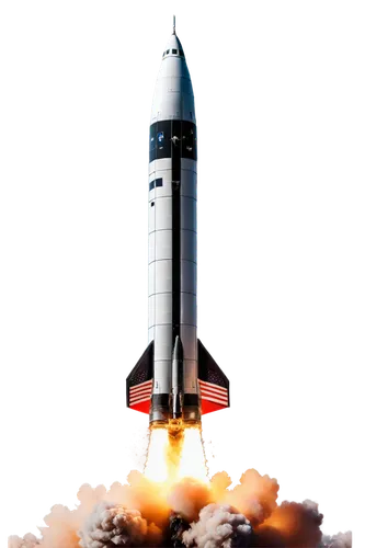 Space rocket, metallic body, silver and black color scheme, intricate details, engines at bottom, cockpit at top, windows reflecting light, American flag on side, smoke trails behind, launching pad in