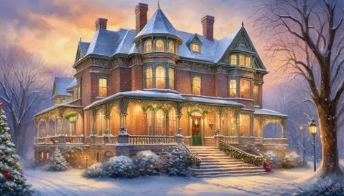 Snow-covered Victorian-style mansion, festive holiday decorations, intricate stone carvings, grand entrance with ornate doors, wreaths on doors, garlands along stairs, Christmas trees in windows, soft