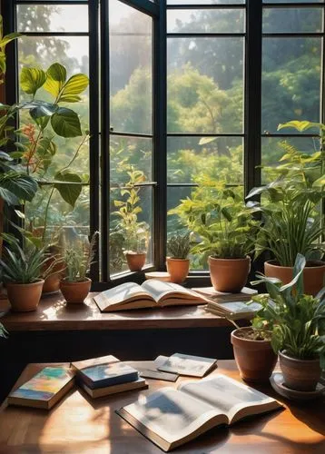 Landscape architecture books, leather-bound, gold-foiled pages, decorative bookmarks, resting on a wooden desk, surrounded by potted plants, pencils, erasers, and architectural models, natural light p