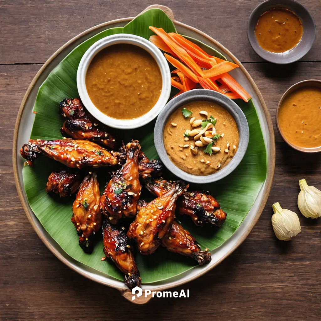 Baked Thai Chicken Wings with Peanut Sauce on the side.,satay chicken,tandoori chicken,chicken tikka,chicken drumsticks,chicken wings,barbecue chicken,chicken barbecue,south indian cuisine,suya,indian