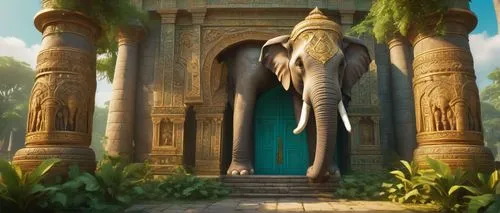 Elephant-shaped building, ancient Indian-inspired temple, intricate carvings, ornate columns, vibrant turquoise dome, golden accents, majestic entrance with large stone doors, lush greenery surroundin