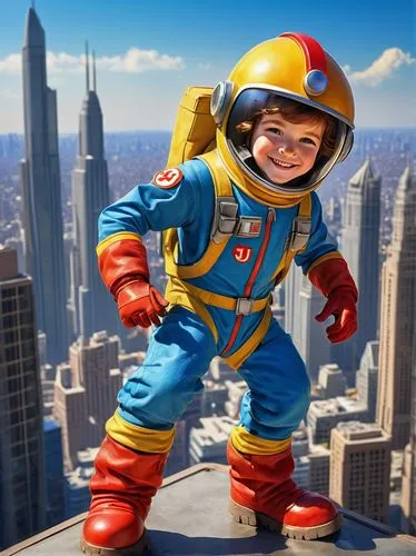 Johnny Rocket, cartoon character, smiling face, freckles on cheeks, blue eyes, messy brown hair, yellow helmet with a red "J" emblem, white spacesuit, orange gloves, silver boots, standing in a heroic