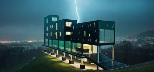 อากาศหนาว , ฝนตก , ฟ้าผ่า ,,a building with a lightning bolt above it,electric tower,zollverein,aaaa,the energy tower,electrohome,green electricity,Photography,Documentary Photography,Documentary Phot