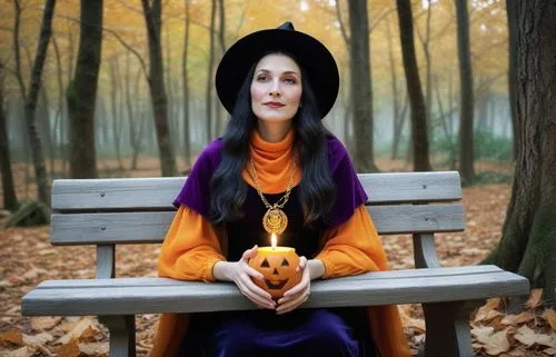 the witch, dressed in a colorful dress and a golden scarf, sits on a bench in the heart of a haunting forest, holding a mystical gift. His eyes are closed, as he prepares to greet guests of all ages a