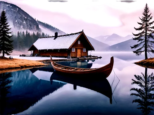 Nordic landscape, snow-capped mountains, frosty air, evergreen trees, misty atmosphere, icy lake, wooden Viking boat, rustic cabin, stone walls, thatched roof, smoke rising, winter clothing, fur-lined