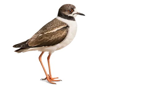 Plover bird, standing, solo, brown plumage, white belly, black head, orange beak, long wings, folded wings, slender legs, webbed feet, calm expression, realistic, natural light, shallow depth of field