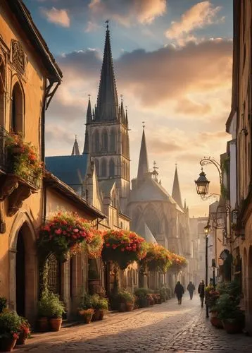 Majestic Saint Markovia, medieval fantasy city, grand cathedral architecture, intricate stone carvings, stained glass windows, gothic spires, ornate bridges, mystical fog, misty morning, warm golden l