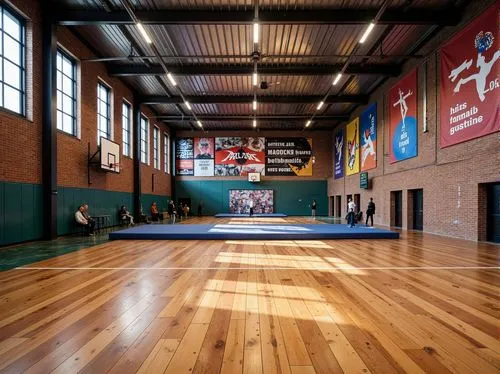 Polished wooden floors, rustic brick walls, metallic beams, vibrant athletic colors, motivational quotes, sports equipment, basketball hoops, tennis courts, wrestling mats, gymnastics apparatus, mirro