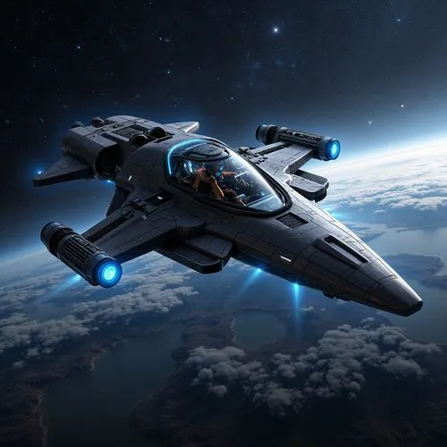 Futuristic spaceship, sleek fibreglass hull, metallic accents, neon-lit cockpit, advanced navigation systems, glowing blue engines, atmospheric reentry, planetary exploration, distant stars, galaxies 