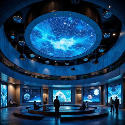 Futuristic planetarium, spherical dome structure, sleek metal cladding, LED lighting installations, starry night sky projections, celestial body displays, minimalist interior design, circular seating 