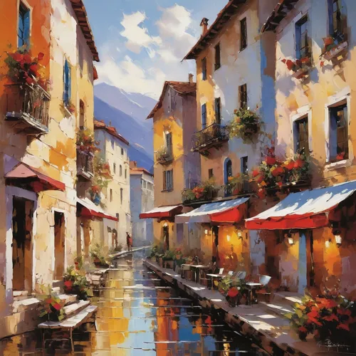 Create a mirror image of the given picture,italian painter,provence,watercolor shops,bellagio,art painting,italy,france,painting technique,south france,oil painting,venetian,canals,oil painting on can