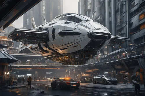 a space ship is flying through an urban environment, in the style of kawacy, precisionist lines and shapes, hyper-realistic, dark white and silver, manticore, bo chen, modular construction,sci fi,sci-