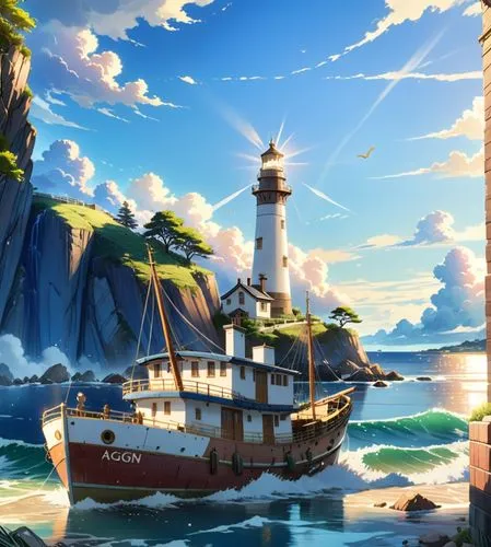 Japanese Anime, Makoto Shinkai Style,a painting with the light house of a small boat,sea fantasy,cartoon video game background,sea sailing ship,pirate ship,nakama,caravel,Anime,Anime,Realistic