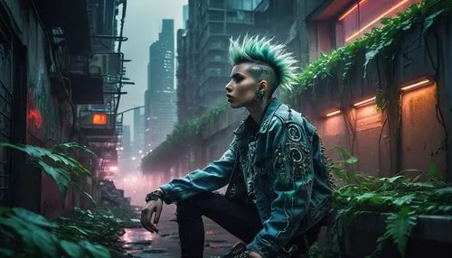 Greenpunk, futuristic cityscape, towering skyscrapers, lush greenery, vines crawling up concrete walls, neon lights reflecting off misty atmosphere, foggy streets, punk rock-inspired character, spiky 