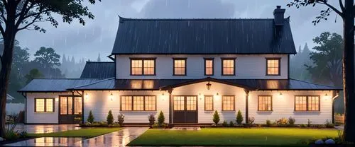 this is an image of a modern home with a rain storm,3d rendering,houses clipart,dreamhouse,beautiful home,victorian house,townhomes,Anime,Anime,Cartoon