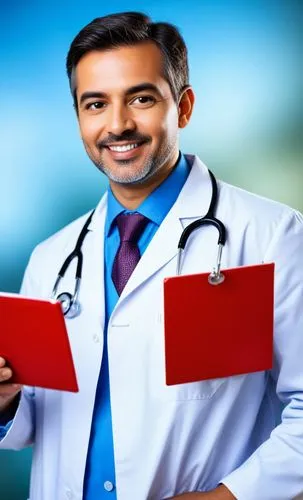 a man in a lab coat and tie with three red clipboards in his hand,homoeopathic,healthcare medicine,homoeopathy,paramedical,electronic medical record,healthcare professional