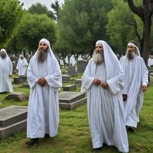 A Jewish cemetery, the dead come out of the graves dressed in white shrouds with long beards and a smile on their lips,bosniaks,archimandrite,sacerdotes,romanian orthodox,monastics,pallbearers,zoroast