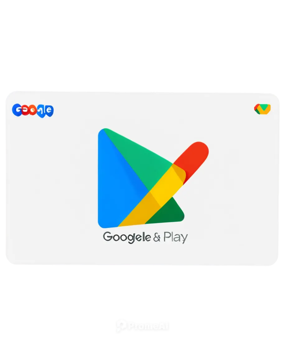 Google Play gift card, frontal view, rectangular shape, white background, colorful Google Play logo, magnetic strip, expiration date, card number, 3D-like design, glossy finish, slight reflection, top