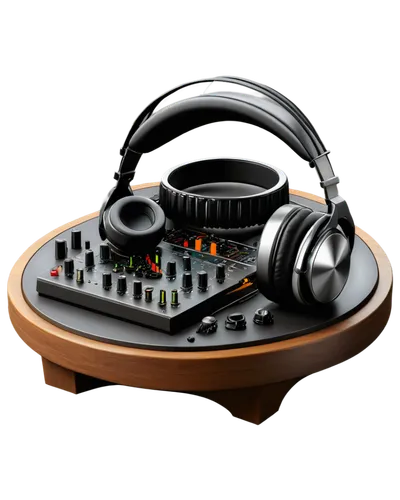 Various musical instruments, sound waves, headphones, microphone, mixing board, recording studio, dim lighting, warm atmosphere, 3D realistic rendering, high-quality texture, detailed buttons and knob