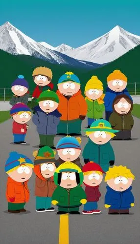 Cartman, Kyle, Stan, Kenny, Butters, or other South Park characters, casual, cartoonish, humorous, ridiculous, silly facial expression, messy brown hair, blue jacket, orange parka, yellow shirt, green