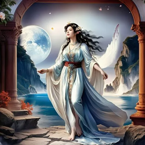 an image of a girl in blue dress standing in front of an arch,fantasy picture,kahlan,inara,zodiac sign libra,galadriel,fantasy art,Illustration,Realistic Fantasy,Realistic Fantasy 01