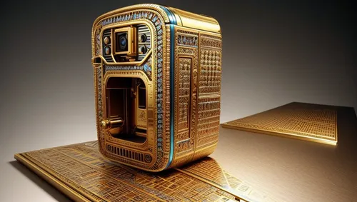 art deco,art deco ornament,tutankhamen,tutankhamun,royal tombs,phone booth,cigarette box,telephone booth,lyre box,egyptian temple,pharaonic,reich cash register,tube radio,computer case,ancient egyptian,ancient egypt,gold bar shop,barebone computer,card box,tardis