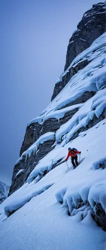 Climbing the ladders over iced up rock to the Oberaarjoch Hut in a freezing storm during a ski tour of the Berner Oberland, Switzerland.,alpine climbing,ski mountaineering,ice climbing,baffin island,m