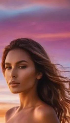 a young woman standing in front of a sunset with her hair blowing back,girl on the dune,beach background,jarabo,desert rose,ivete,inanna