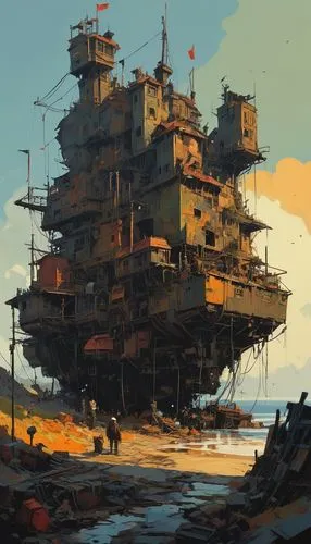 ship wreck,floating island,gunkanjima,floating huts,factory ship,scrapyard,aircraft carrier,dreadnought,fortress,artificial island,docks,ancient city,tank ship,mushroom island,pirate ship,floating islands,harbor,airships,wasteland,concrete ship,Conceptual Art,Sci-Fi,Sci-Fi 01