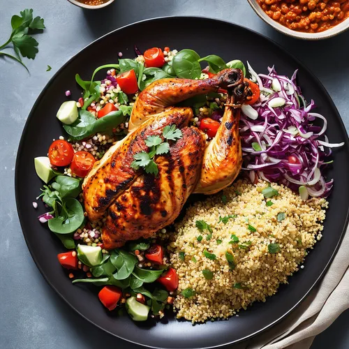 Harissa Chicken Recipe with Couscous Salad,tandoori chicken,middle-eastern meal,grilled chicken,mediterranean cuisine,freekeh,couscous,arroz con pollo,middle eastern food,chicken dish,turkish cuisine,