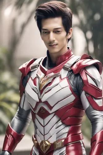 power rangers merah, background taman kota, rambut panjang di ikat, , lagi memegang helm,man dressed as a knight from the movie spider - man,leehom,ultraman,thanakorn,nininger,panday,shaktimaan,Photog