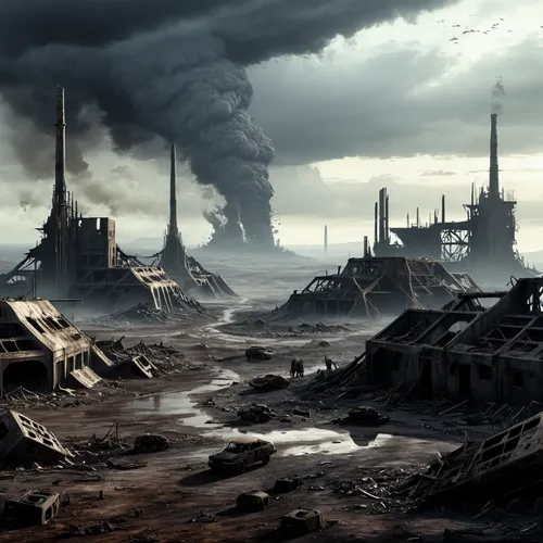 post-apocalyptic landscape,destroyed city,industrial landscape,wasteland,post apocalyptic,futuristic landscape,desolation,apocalyptic,post-apocalypse,ancient city,dystopian,scorched earth,environmental destruction,mining facility,volcanic landscape,terraforming,industrial ruin,stalingrad,fallout4,desolate,Conceptual Art,Fantasy,Fantasy 33