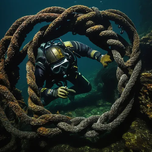 Tell a suspenseful story of a diver getting entangled in an old and rusty anchor chain.,anchor chain,mooring rope,diving equipment,diving helmet,steel rope,deep sea diving,scuba,underwater diving,dry 