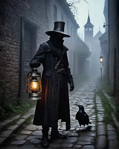 Dark fantasy atmosphere, eerie abandoned cityscape, plague doctor costume, worn leather boots, tattered black cloak, beaked mask, gloves with pouches, old lantern, dim warm lighting, misty foggy air, 