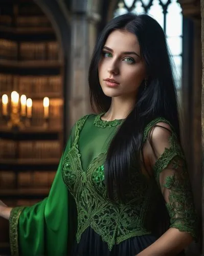 celtic queen,gothic portrait,celtic woman,green dress,eldena,petrova,Photography,General,Fantasy