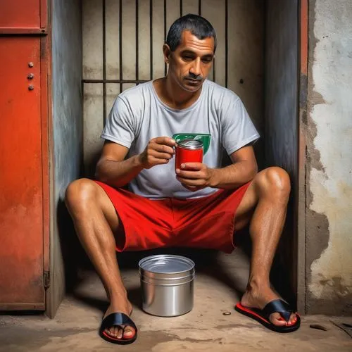 inmates with red uniform round neck t-shirt, and black havaianas flip-flops, eating from an aluminum lunchbox inside the cell of a prison in Brazil, Brazilian prison


Brazilian everyday scene, ultra 