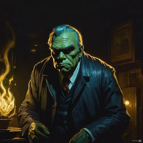 . innsmouth, dramatic lighting, chiaroscuro, high detail, painted by greg rutkowski, painted
by igor kieryluk, painted by bobby chiu, trending on artstation,a green man in a leather jacket leaning ove