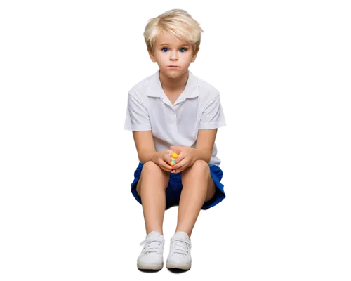 Pyxaba, Shota, cute facial expression, bright eyes, short blonde hair, messy hairstyle, white shirt, blue shorts, sneakers, holding a toy, sitting on floor, soft focus, warm lighting, pastel colors, s