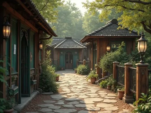 wooden path,bungalows,walkway,korean folk village,teahouse,japan garden,forest path,pathway,asian architecture,jinhae,ryokan,old linden alley,palo alto,quaint,studio ghibli,courtyards,the threshold of the house,driveway,cottages,hangzhou,Photography,General,Realistic