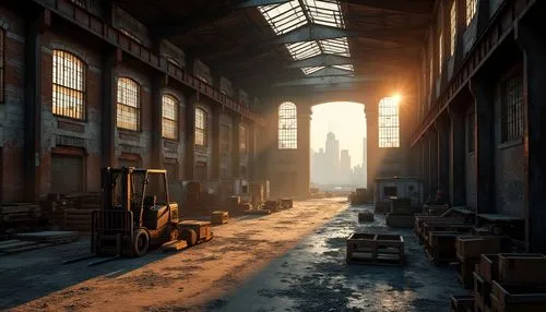 Industrial warehouse, vintage rusty metal beams, exposed brick walls, concrete floors, steel framed windows, old wooden crates, dim warm lighting, afternoon sunbeams, dusty atmosphere, worn-out machin