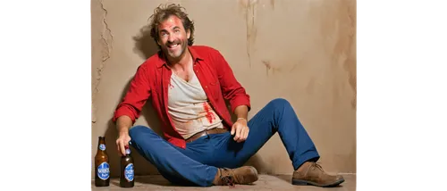 Drunk, middle-aged man, messy hair, red face, sloppy grin, beer bottle in hand, sloppy clothes, stained shirt, unbuttoned pants, sitting on floor, leaning against wall, comedic pose, warm lighting, sh