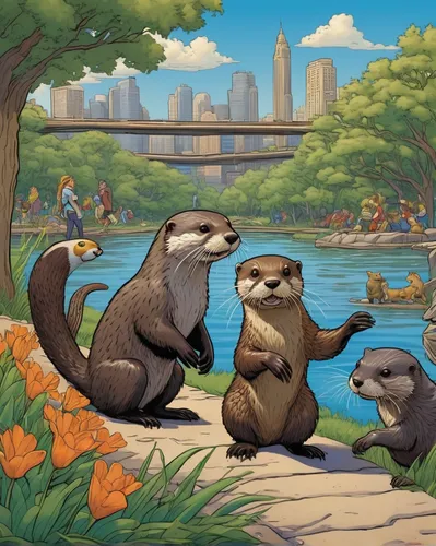 otters,north american river otter,otter,otter baby,raccoons,anthropomorphized animals,game illustration,coatimundi,giant otter,beavers,otterbaby,mustelidae,meerkats,sea otter,nutria,prairie dogs,whimsical animals,island residents,ground squirrels,family outing,Illustration,American Style,American Style 01