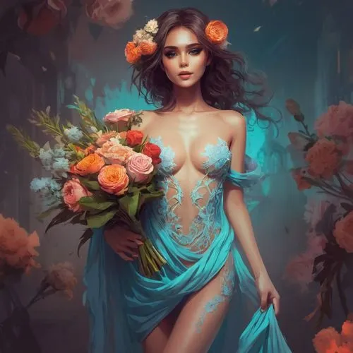 beautiful girl with flowers,persephone,flower girl,blue hydrangea,flower fairy,girl in flowers,splendor of flowers,with roses,with a bouquet of flowers,jasmine blue,fantasy art,scent of roses,blue rose,jasmine blossom,holding flowers,fantasy picture,fantasy portrait,flora,wreath of flowers,hydrangeas,Conceptual Art,Fantasy,Fantasy 02