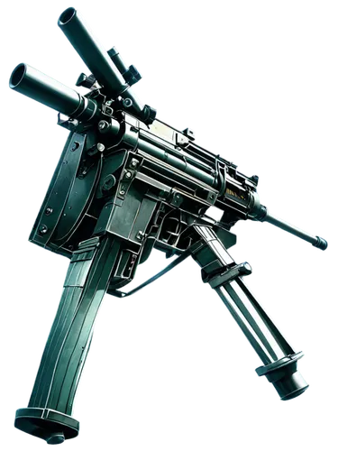 Machine gun, metal body, intricate details, bullets loaded, firing mode, smoke effects, dynamic movement, metallic reflections, industrial material, urban setting, low-angle shot, dramatic lighting, i